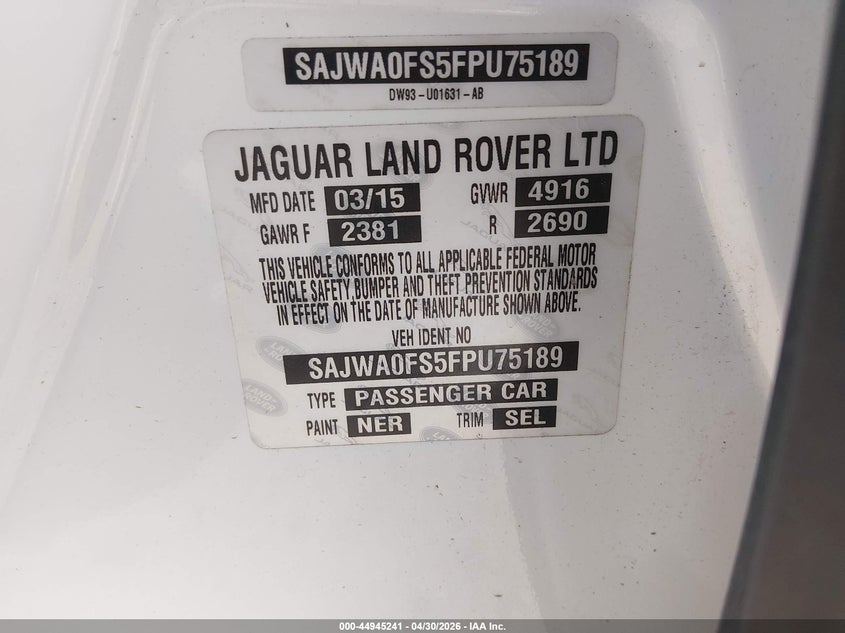 2015 Jaguar Xf 2.0T Premium VIN: SAJWA0FS5FPU75189 Lot: 44945241