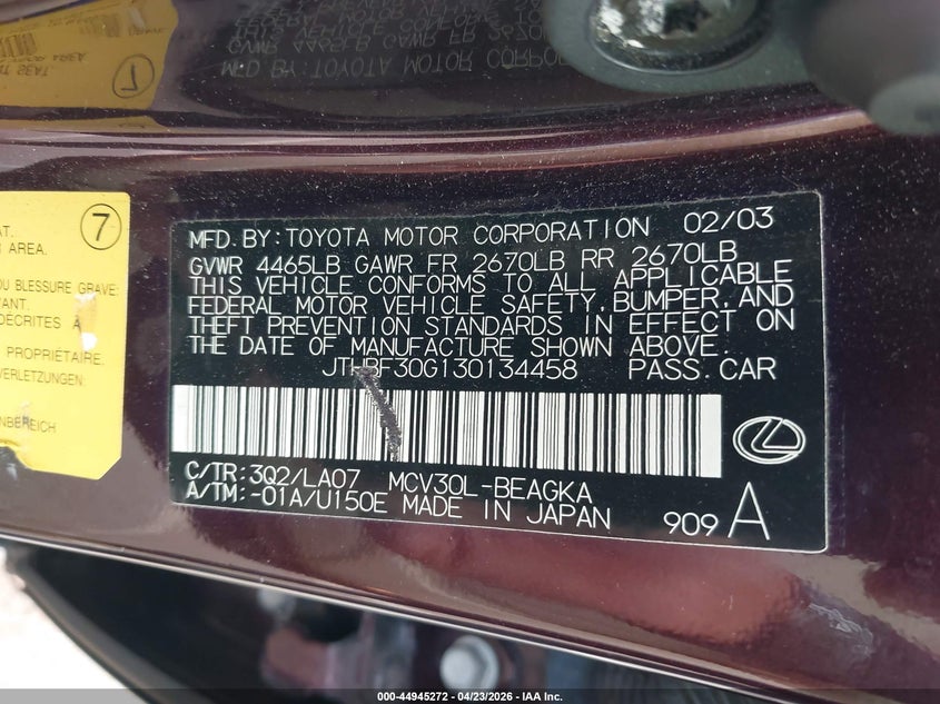 2003 LEXUS ES SEDAN 3.0L V-6 DOHC, VVT, 210HP