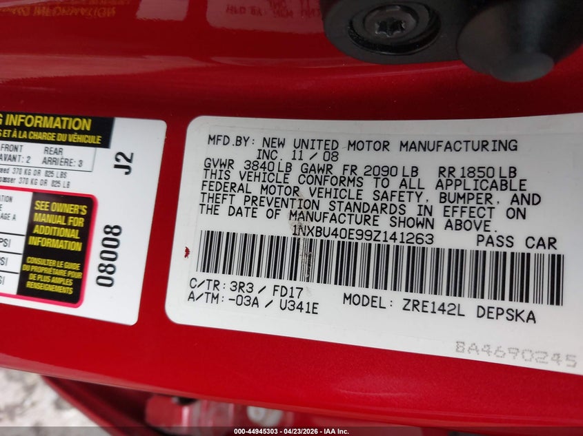 2009 Toyota Corolla S VIN: 1NXBU40E99Z141263 Lot: 44945303