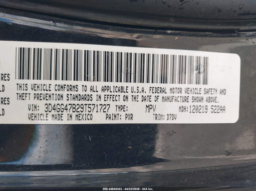 2009 Dodge Journey Se VIN: 3D4GG47B29T571727 Lot: 44945353
