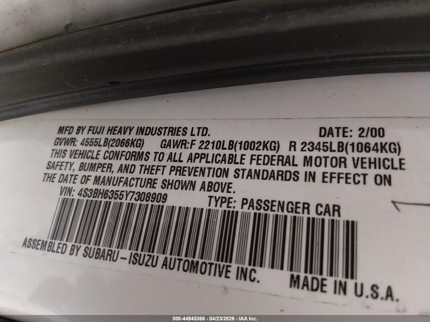 2000 Subaru Legacy L VIN: 4S3BH6355Y7308909 Lot: 44945366