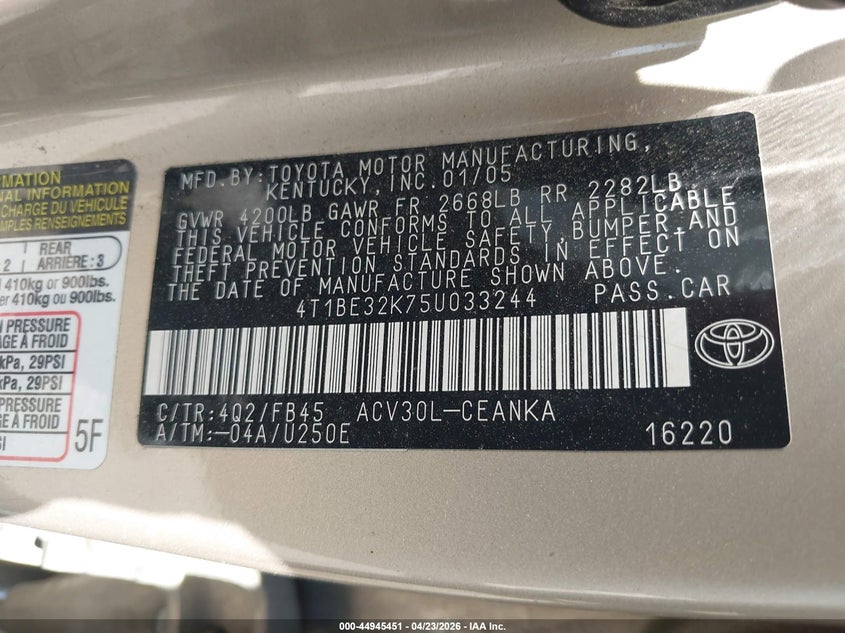 2005 Toyota Camry Le VIN: 4T1BE32K75U033244 Lot: 44945451