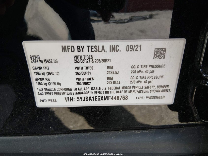 2021 Tesla Model S Long Range Dual Motor All-Wheel Drive VIN: 5YJSA1E5XMF448768 Lot: 44945498