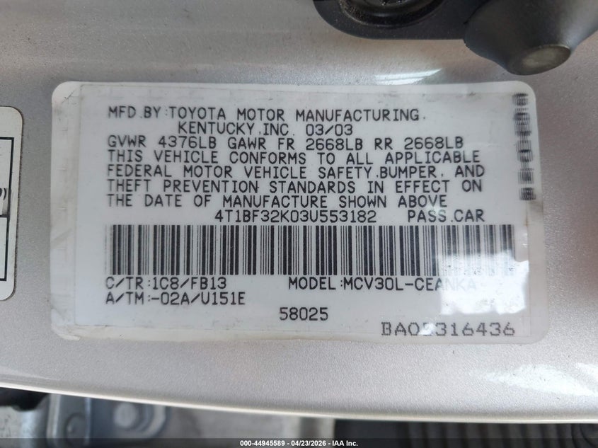 2003 Toyota Camry Le V6/Se V6/Xle V6 VIN: 4T1BF32K034553182 Lot: 44945589