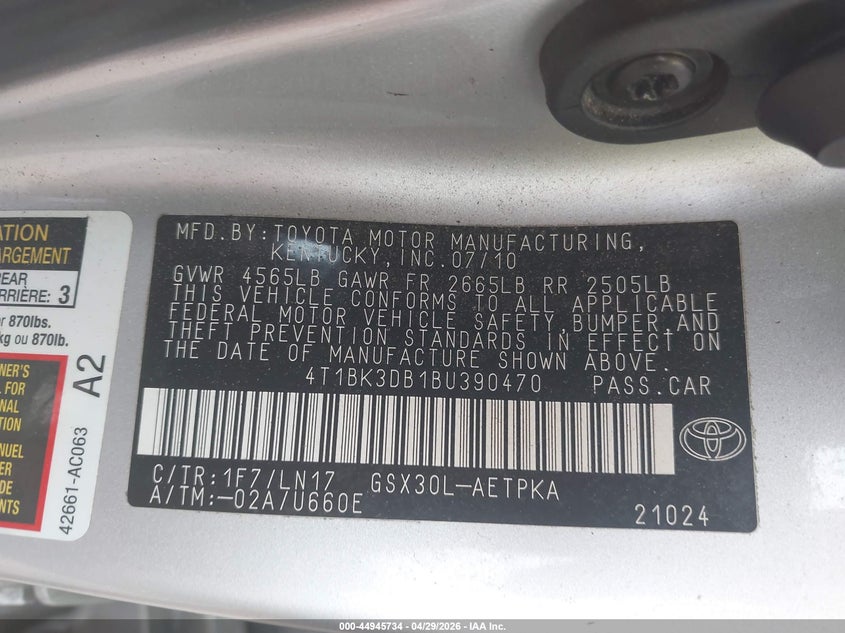 2011 Toyota Avalon Limited VIN: 4T1BK3DB1BU390470 Lot: 44945734