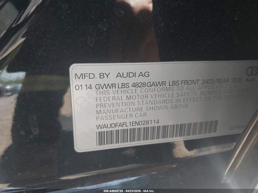 2014 Audi A4 2.0T Premium VIN: WAUDFAFL1EN028114 Lot: 44945739