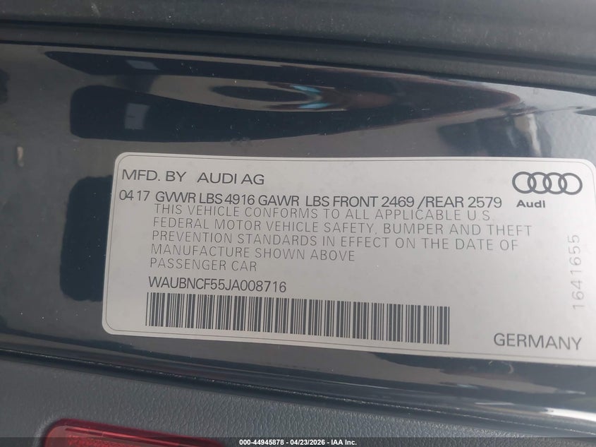 2018 Audi A5 2.0T Premium VIN: WAUBNCF55JA008716 Lot: 44945878