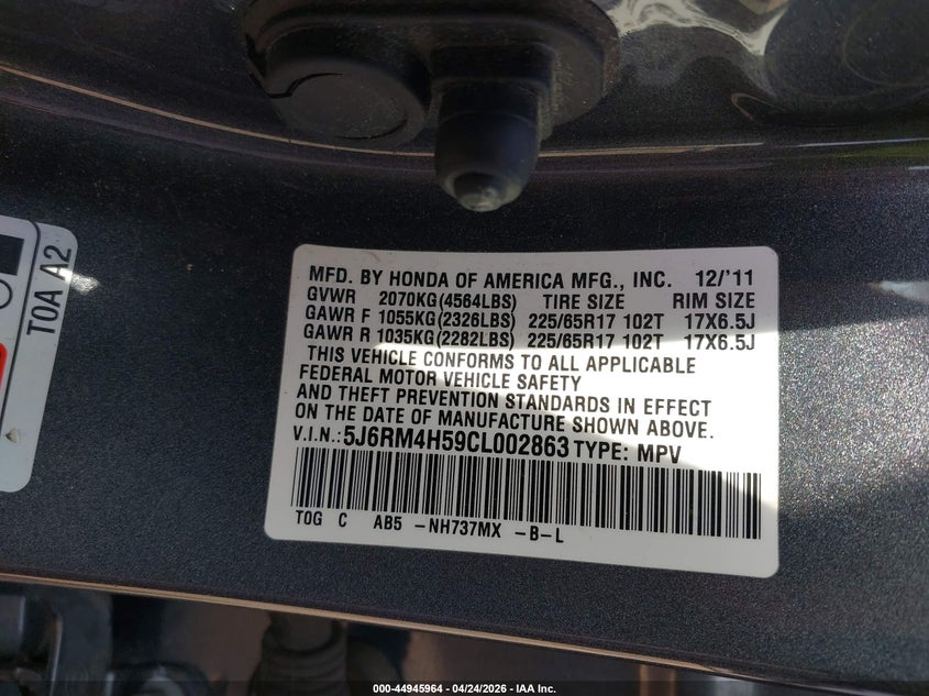 2012 Honda Cr-v 2.4 Cr-V Ex grey Lot 111044945964 Vin 5J6RM4H59CL002863