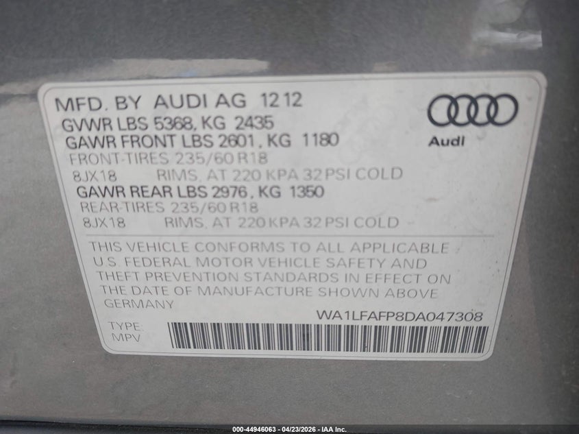 2013 Audi Q5 2.0T Premium VIN: WA1LFAFP8DA047308 Lot: 44946063