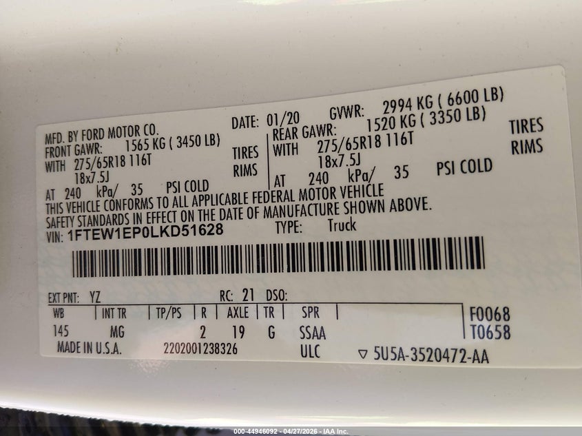 VIN 1FTEW1EP0LKD51628 2020 FORD F-150 XLT