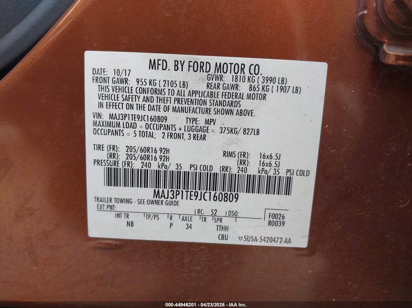 2018 FORD ECOSPORT SPORT UTILITY VEHICLE 1.0L I-3 DI, DOHC, VVT, TURBO, 123HP