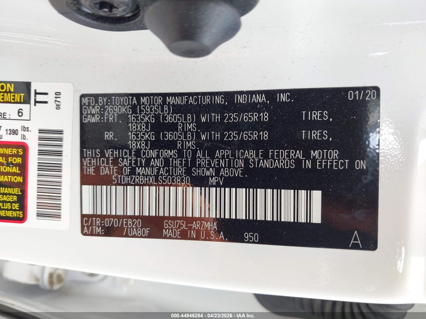 VIN 5TDHZRBHXLS503830 2020 TOYOTA HIGHLANDER XLE
