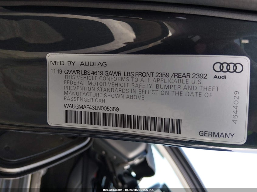 2020 Audi A4 Premium 40 Tfsi Front-Wheel Drive S Tronic VIN: WAUGMAF43LN005359 Lot: 44946301
