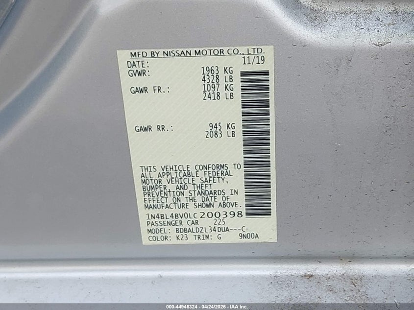 VIN 1N4BL4BV0LC200398 2020 NISSAN ALTIMA S FWD