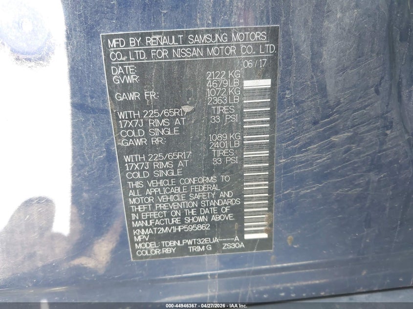 VIN KNMAT2MV1HP595862 2017 NISSAN ROGUE S