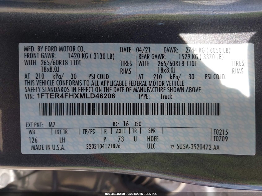 2021 FORD RANGER 2.3L I-4 DI, DOHC, V(VIN: 1FTER4FHXMLD46206