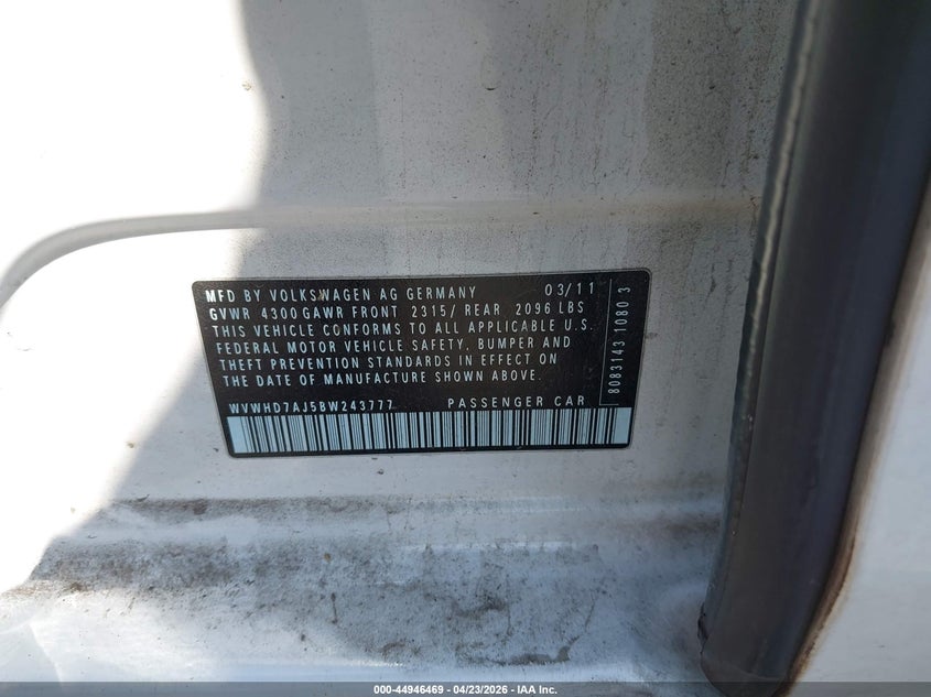 2011 Volkswagen Gti 4-Door VIN: WVWHD7AJ5BW243777 Lot: 44946469