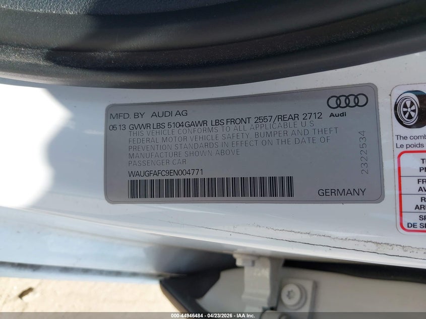 2014 Audi A6 2.0T Premium VIN: WAUGFAFC9EN004771 Lot: 44946484
