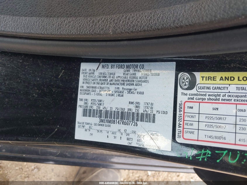 2007 Mercury Milan V6 Premier VIN: 3MEHM08147R607726 Lot: 44946656