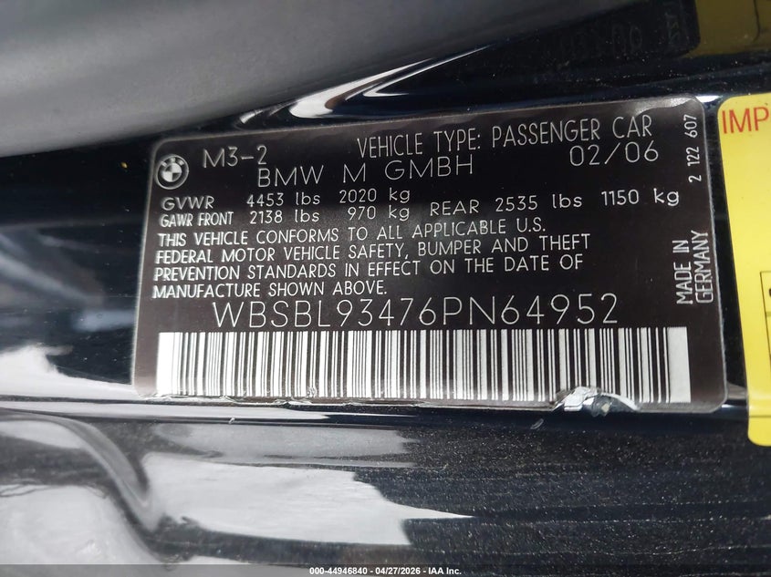 2006 BMW M3 VIN: WBSBL93476PN64952 Lot: 44946840