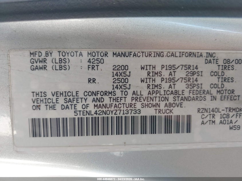 2000 Toyota Tacoma VIN: 5TENL42N0YZ713733 Lot: 44946873