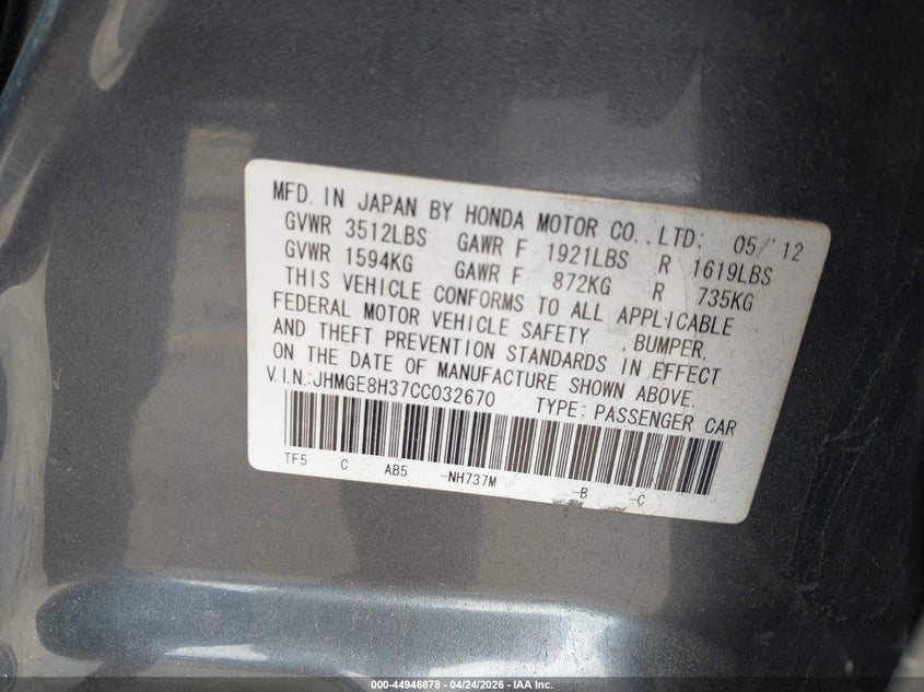 2012 Honda Fit 1.5 grey Lot 111044946878 Vin JHMGE8H37CC032670