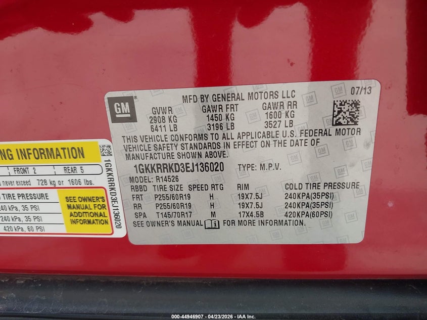 2014 GMC Acadia Slt-1 VIN: 1GKKRRKD3EJ136020 Lot: 44946907