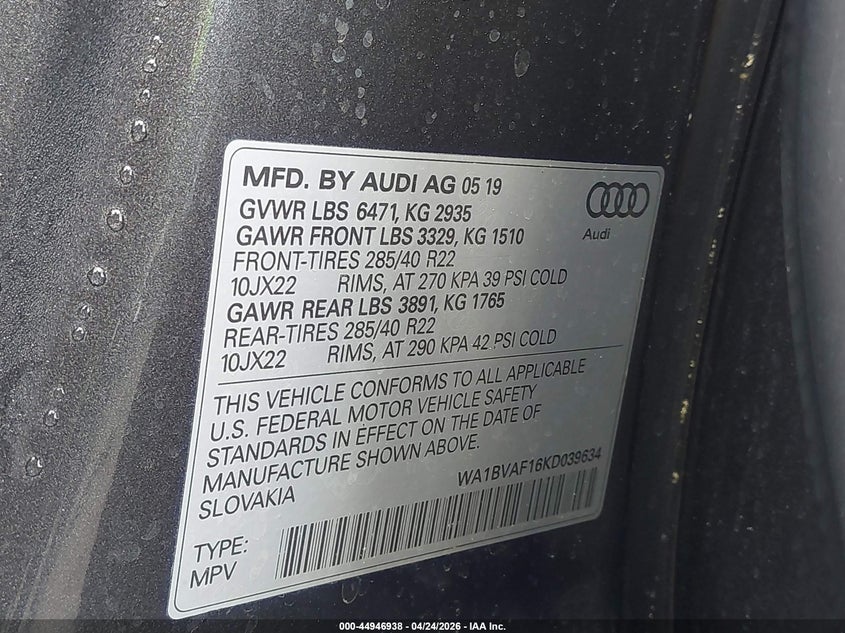 2019 Audi Q8 55 Premium VIN: WA1BVAF16KD039634 Lot: 44946938