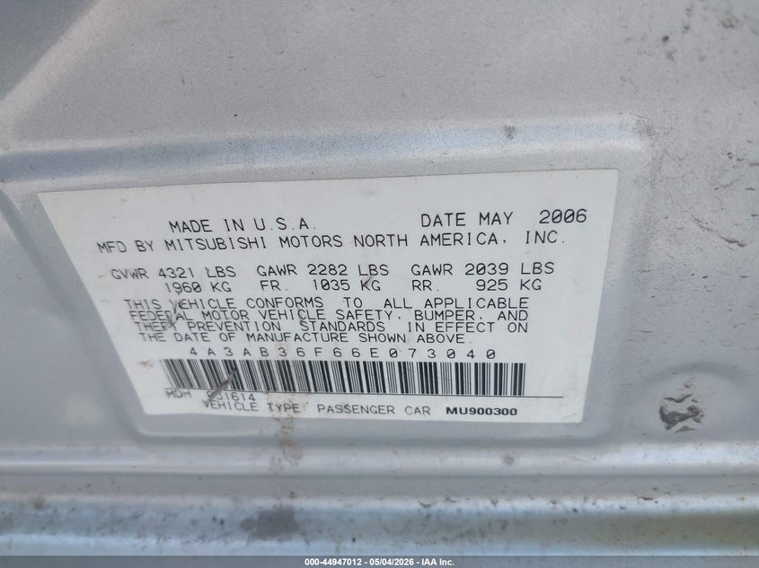 2006 Mitsubishi Galant Es/Se VIN: 4A3AB36F66E073040 Lot: 44947012