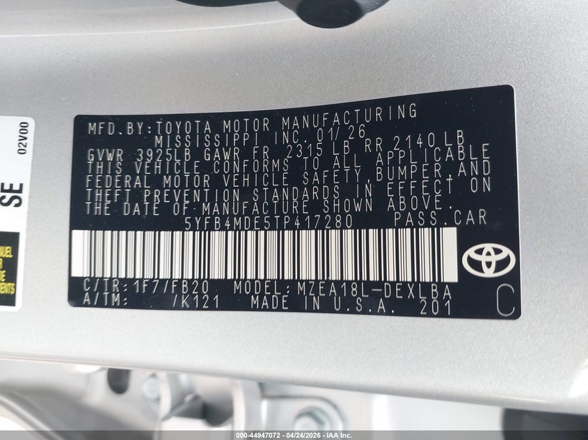 VIN 5YFB4MDE5TP417280 2026 TOYOTA COROLLA LE