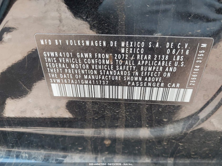 2016 Volkswagen Jetta 1.4T S VIN: 3VW167AJ1GM411737 Lot: 44947084