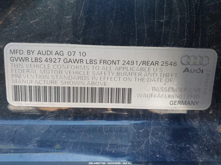 2011 Audi A4 2.0T Premium VIN: WAUFFAFL8BN013940 Lot: 44947168