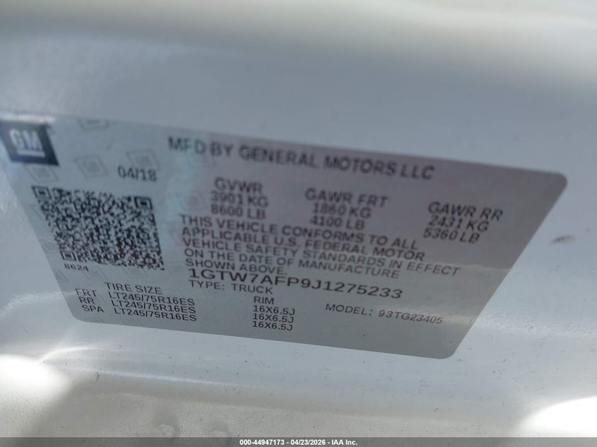 2018 GMC Savana 2500 Work Van VIN: 1GTW7AFP9J1275233 Lot: 44947173