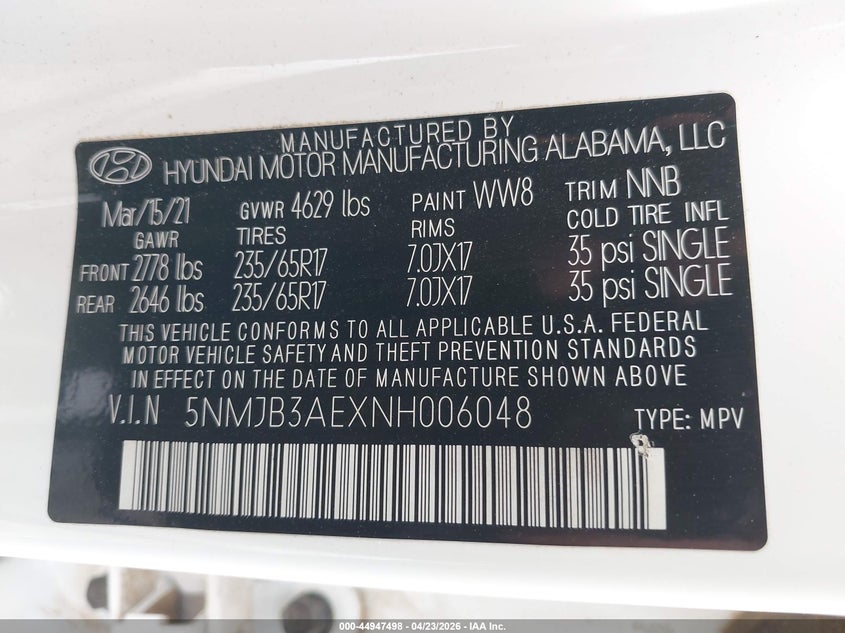 2022 Hyundai Tucson Sel VIN: 5NMJB3AEXNH006048 Lot: 44947498