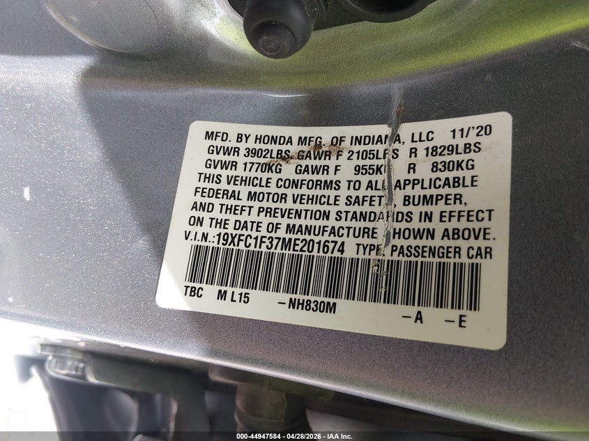 VIN 19XFC1F37ME201674 2021 HONDA CIVIC EX