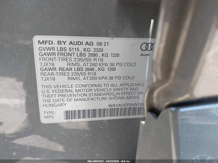 2022 Audi Q3 Premium 40 Tfsi Quattro Tiptronic VIN: WA1AUCF3XN1000837 Lot: 44947621