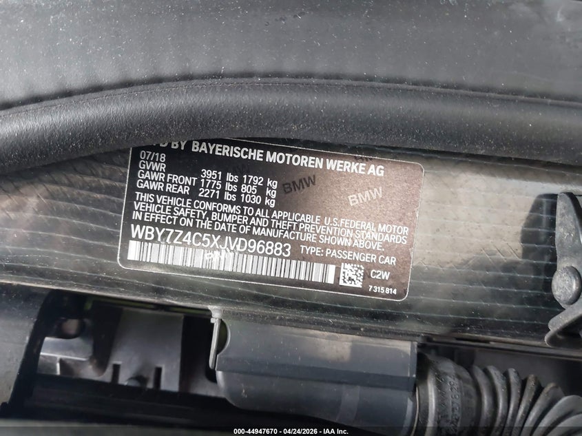2018 BMW I3 94Ah W/Range Extender VIN: WBY7Z4C5XJVD96883 Lot: 44947670
