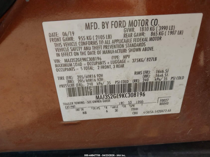 VIN MAJ3S2GE9KC308196 2019 FORD ECOSPORT SE