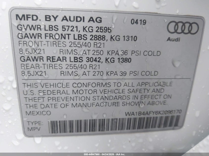 2019 Audi Sq5 3.0T Premium VIN: WA1B4AFY6K2096170 Lot: 44947968