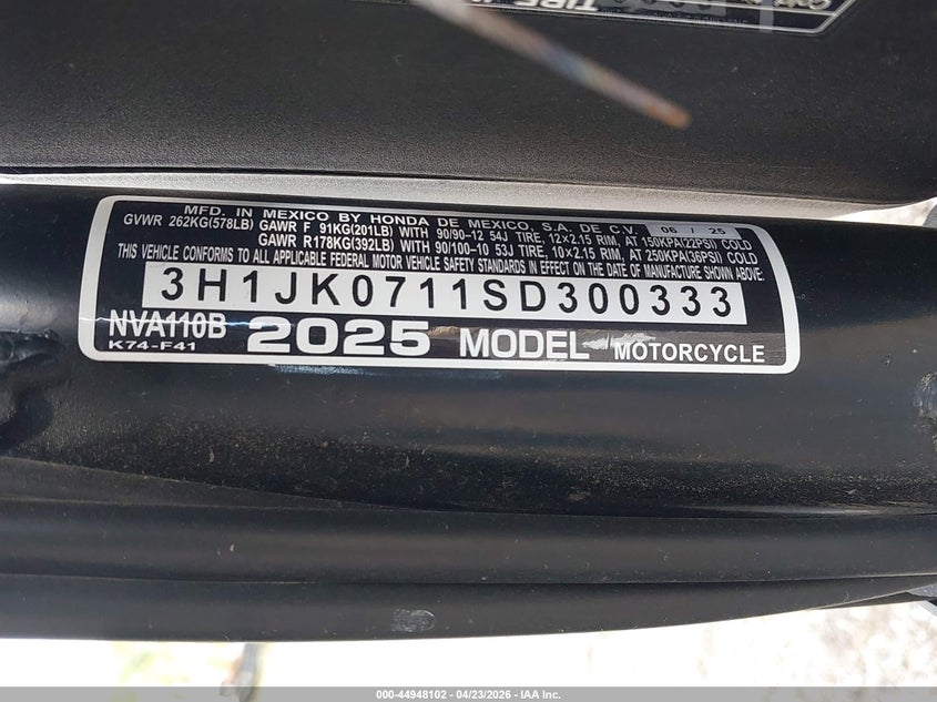 2025 Honda Nva110 B VIN: 3H1JK0711SD300333 Lot: 44948102