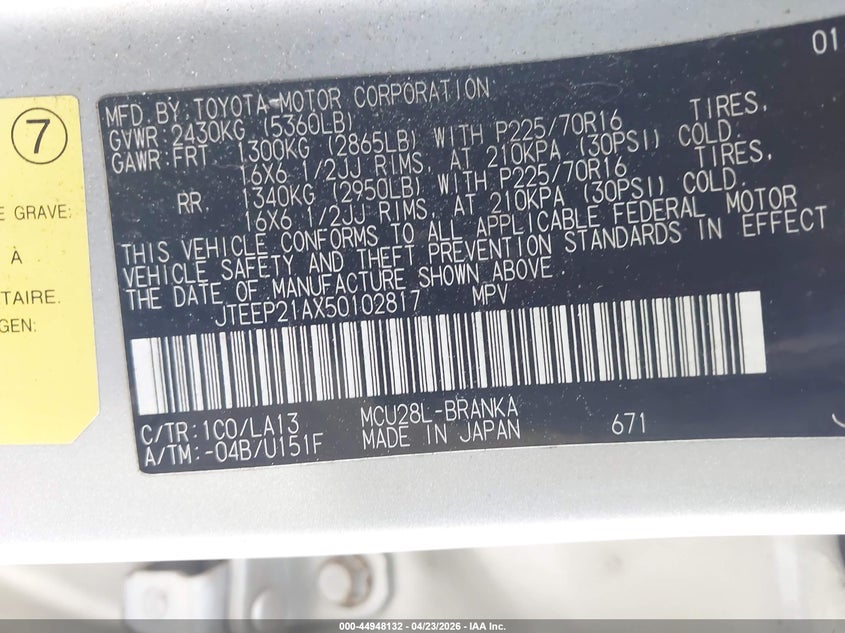 2005 Toyota Highlander V6 VIN: JTEEP21AX50102817 Lot: 44948132