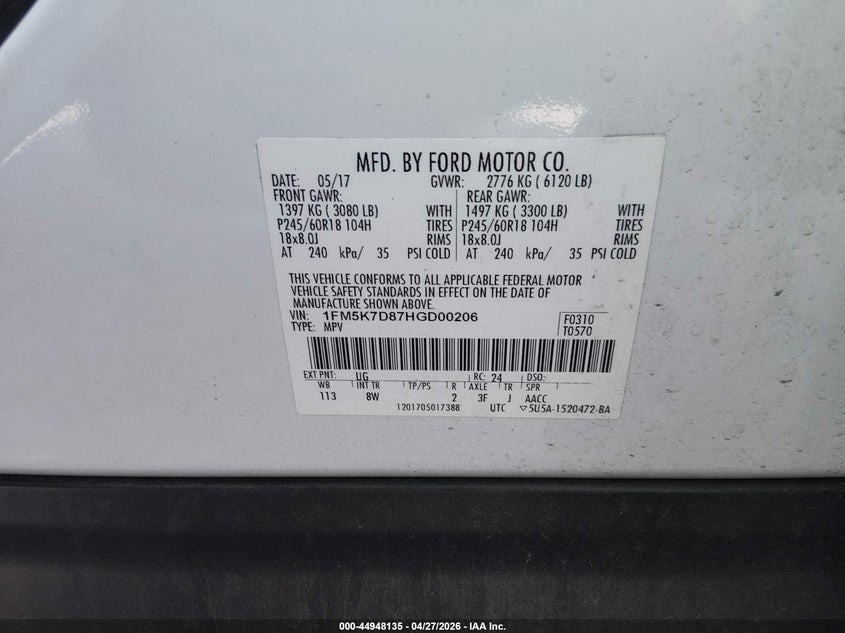 VIN 1FM5K7D87HGD00206 2017 FORD EXPLORER XLT