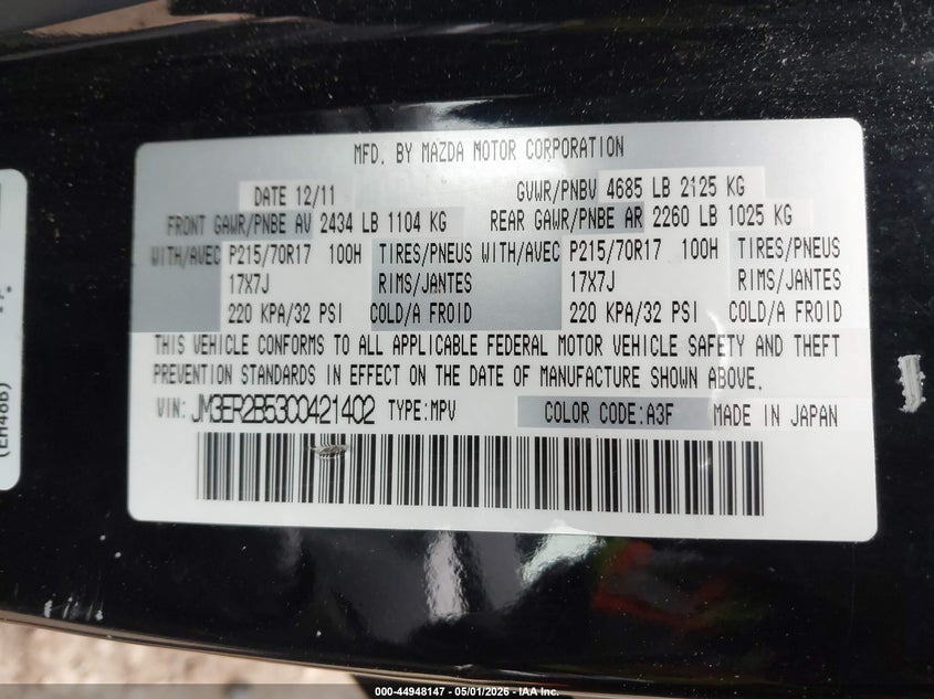 2012 Mazda Cx-7 I Sport VIN: JM3ER2B53C0421402 Lot: 44948147