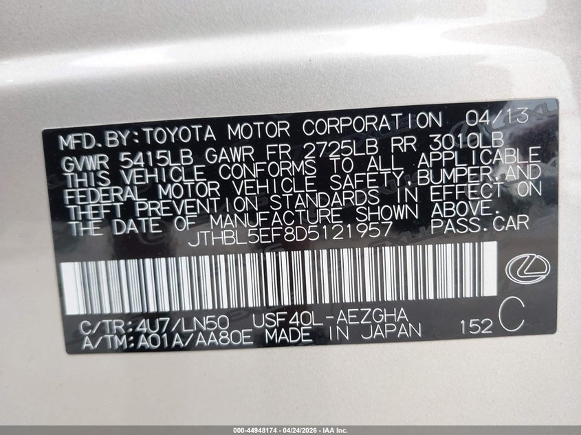 2013 Lexus Ls 460 VIN: JTHBL5EF8D5121957 Lot: 44948174