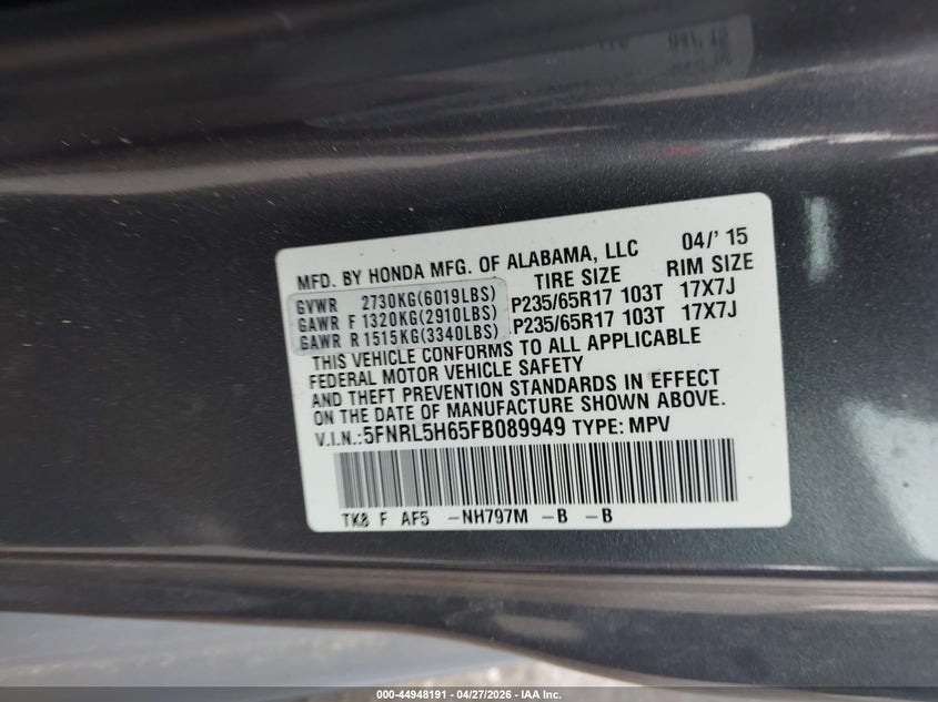2015 HONDA ODYSSEY VAN 3.5L V-6 VVT, 248HP