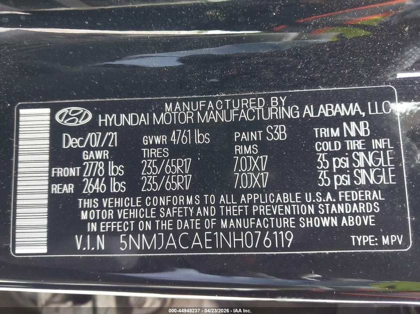 2022 Hyundai Tucson Se VIN: 5NMJACAE1NH076119 Lot: 44948237