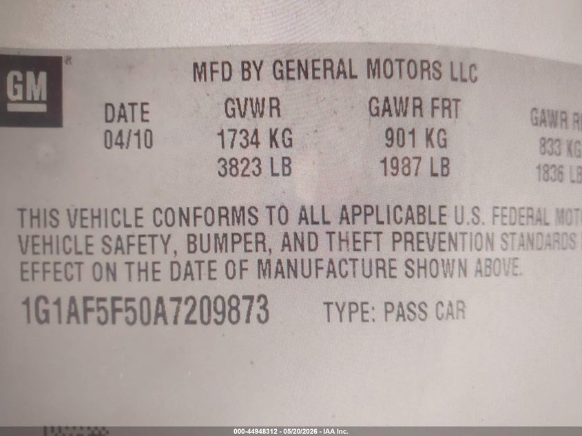 2010 Chevrolet Cobalt Lt VIN: 1G1AF5F50A7209873 Lot: 44948312