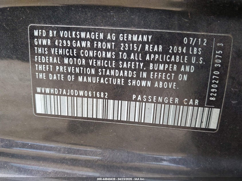 2013 Volkswagen Gti 4-Door Autobahn VIN: WVWHD7AJ0DW061682 Lot: 44948439