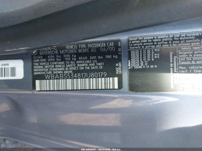 2001 BMW 330Ci VIN: WBABS53481JU80179 Lot: 44948461