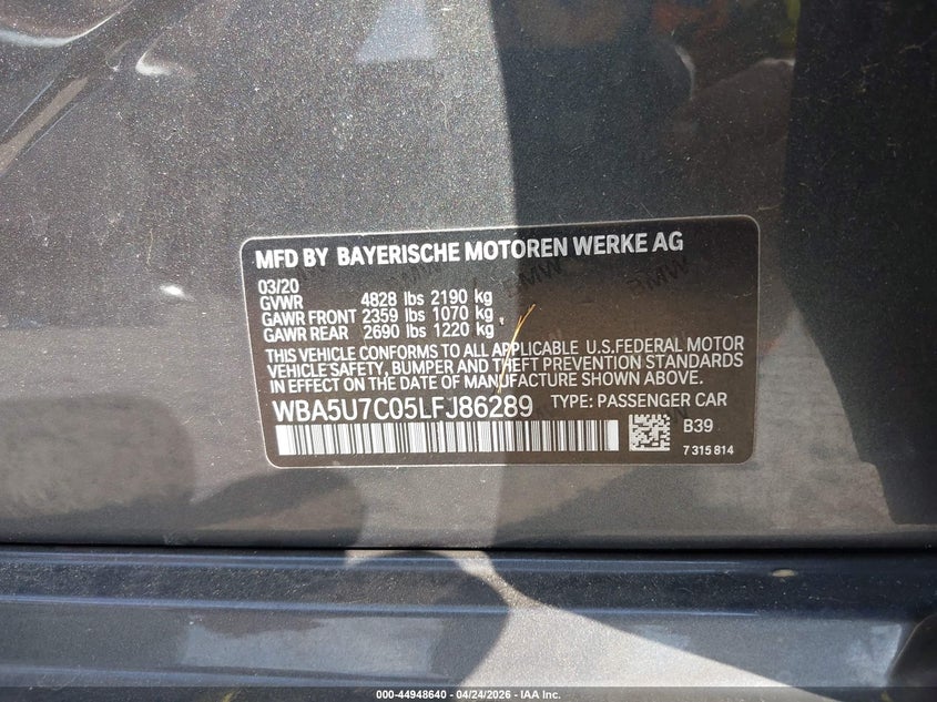 VIN WBA5U7C05LFJ86289 2020 BMW M340I